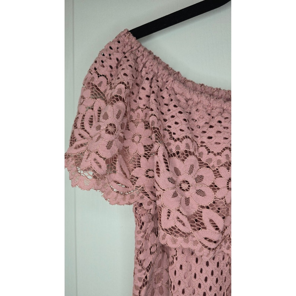 Pink Floral Lace Off The Shoulder Ruffle Shift Dress Dusty Rose Small - Picture 2 of 5